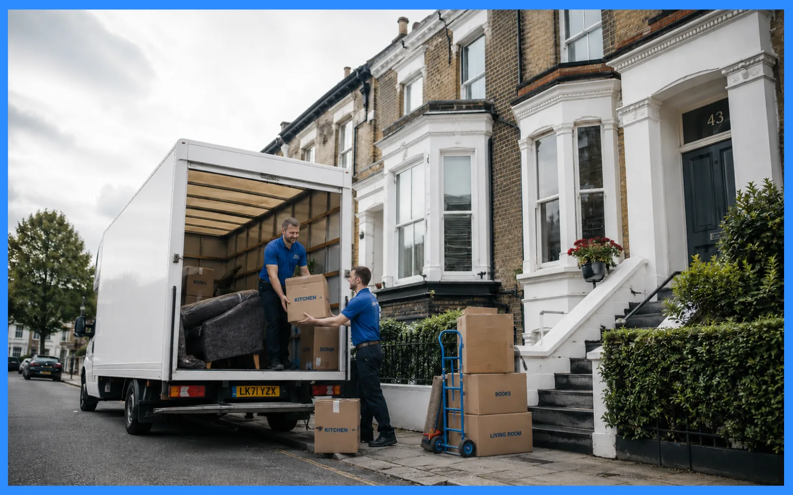 A removals crew with a Luton van outside a London Victorian terraced house, a red London bus passing