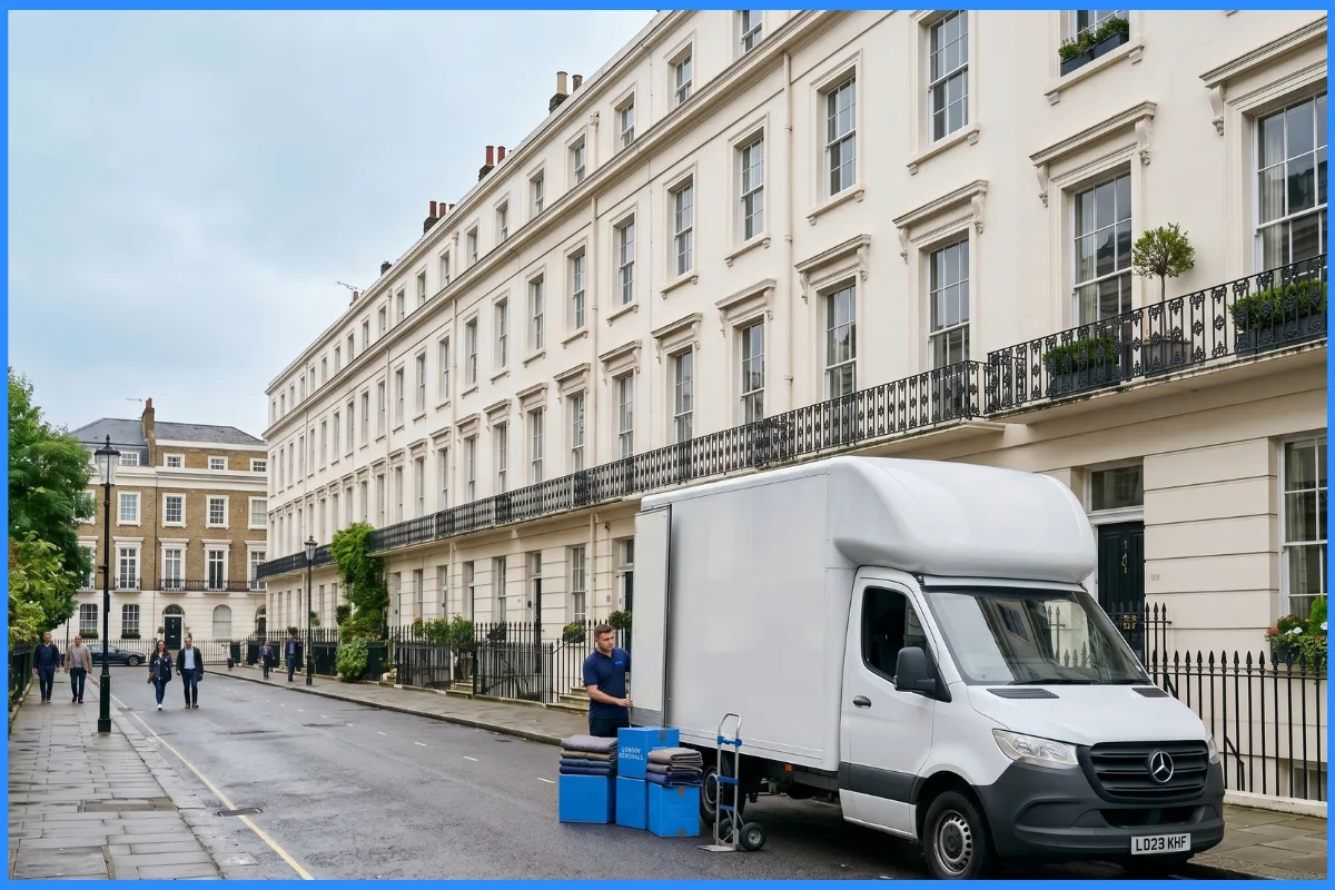 A removal van on a Central London Georgian terraced street.