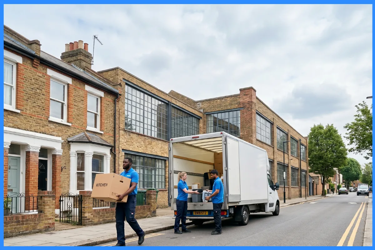 A removal van on an East London street of Victorian terraces and warehouse conversions.