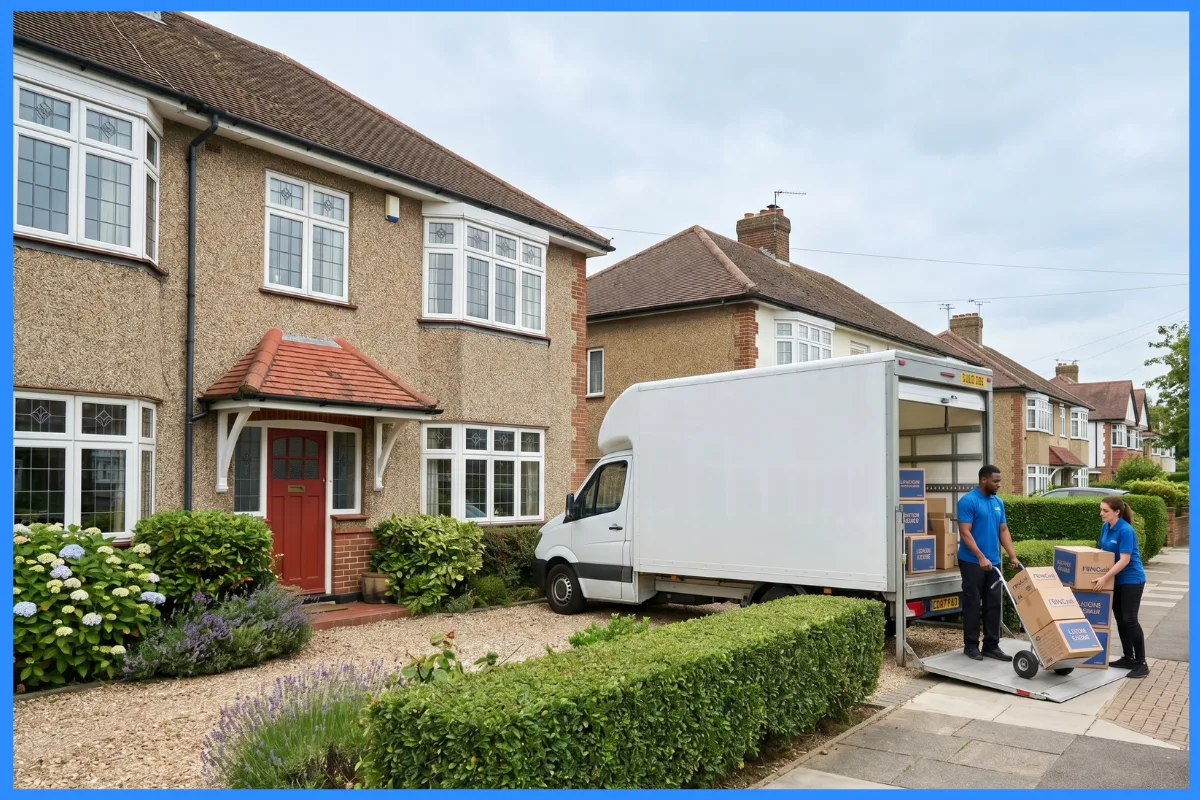 A removal van outside a 1930s Essex semi-detached house.