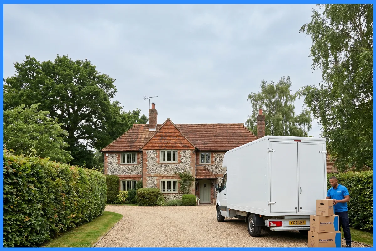 A removal van on the driveway of a Kent commuter home with hedges and mature trees.