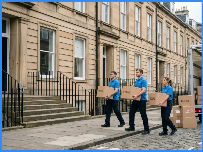 A removals crew in blue polos carrying labelled boxes along a stone-terraced street.