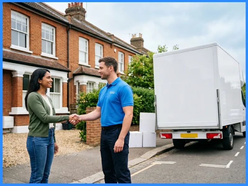 A mover in a blue polo shaking hands with a customer beside a plain white removal van outside a brick terraced house.