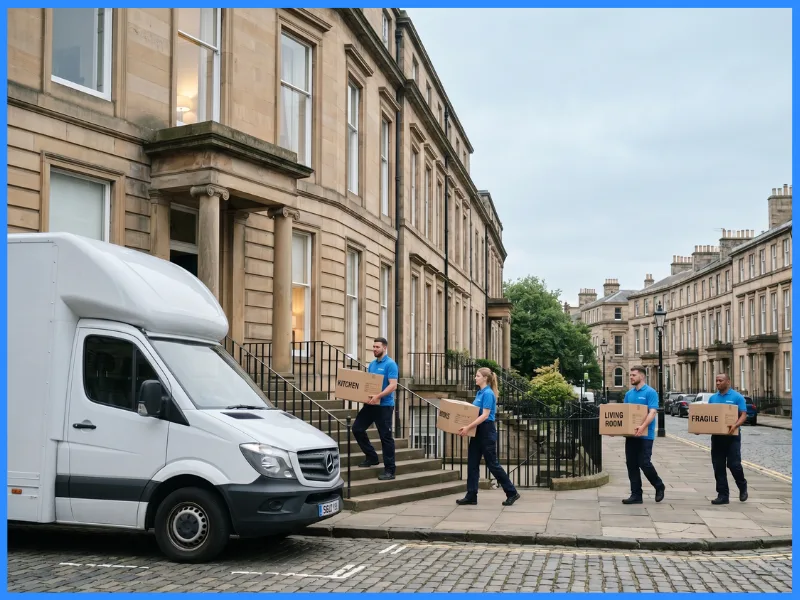 A removal van on a Georgian sandstone street in a Scottish city, movers carrying boxes.