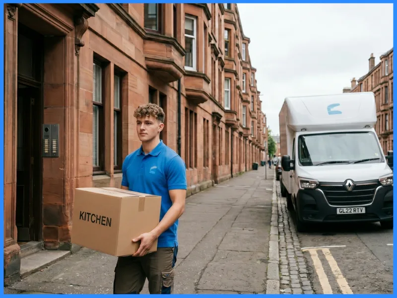 A removal van on a red-sandstone tenement street, a mover carrying a box to a close entrance.