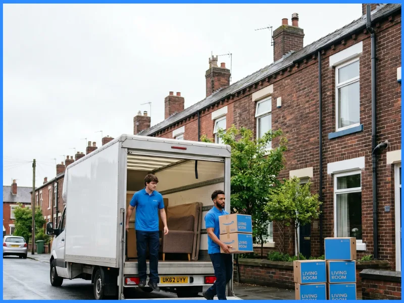 A removal van on a red-brick Yorkshire terraced street, movers unloading.