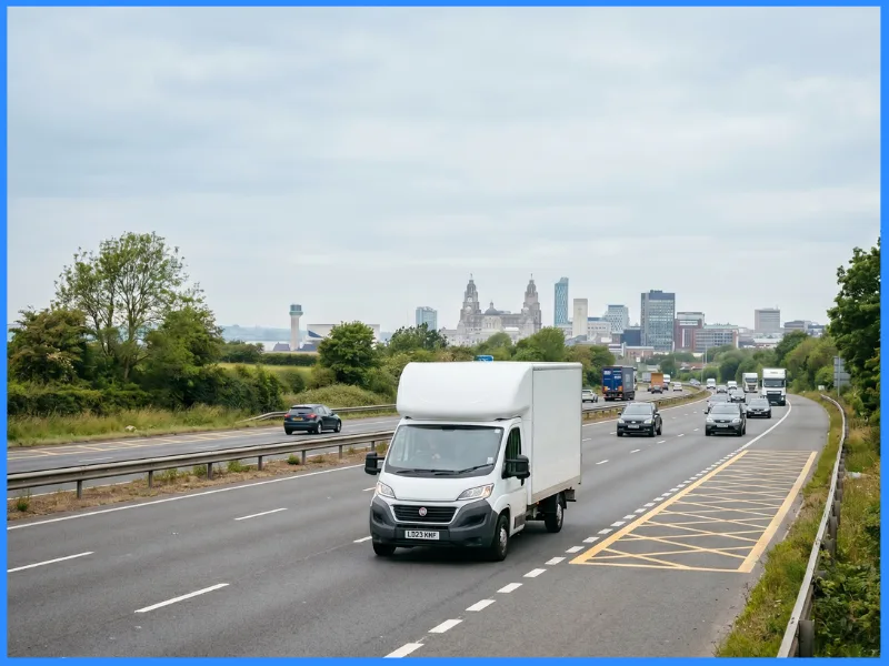 A loaded removal van on a motorway approaching a northern city.