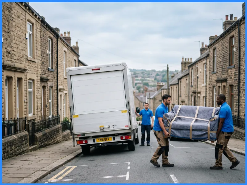 A removal van on a steep hilly street in a northern city, movers carrying a wrapped item.