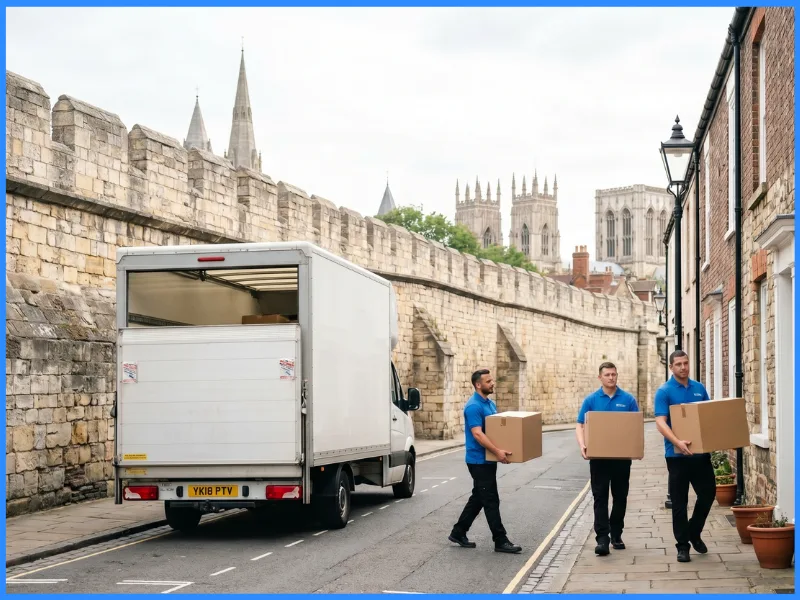 A removal van parked at the edge of a historic walled city, movers carrying boxes on foot.